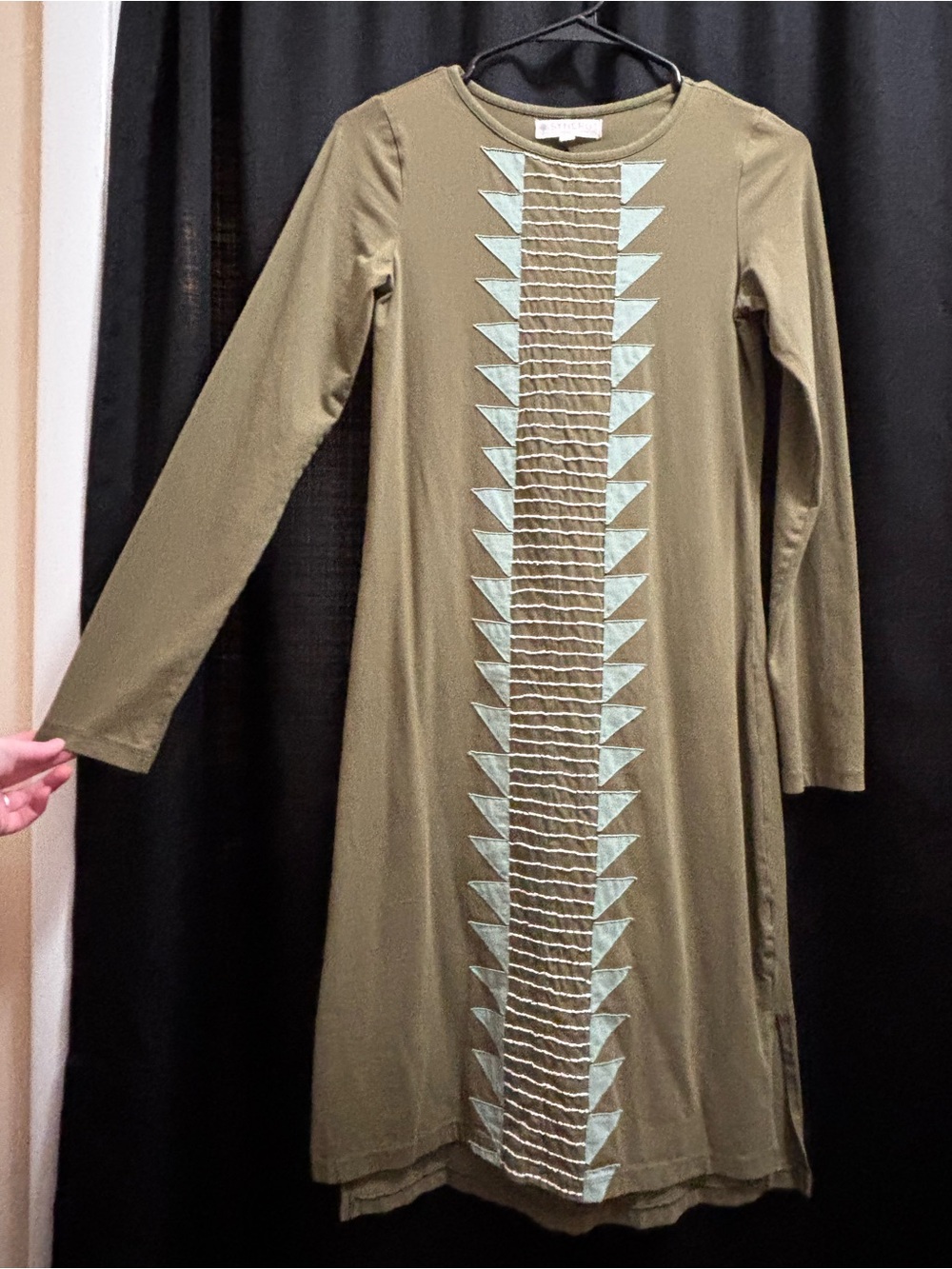 Army Green Long Sleeve Organic Cotton Boho Midi Dress